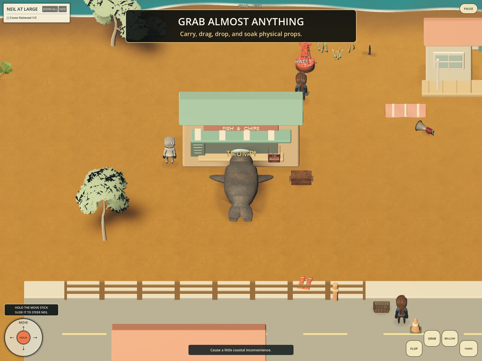 Neil grabbing and moving objects around the beach town