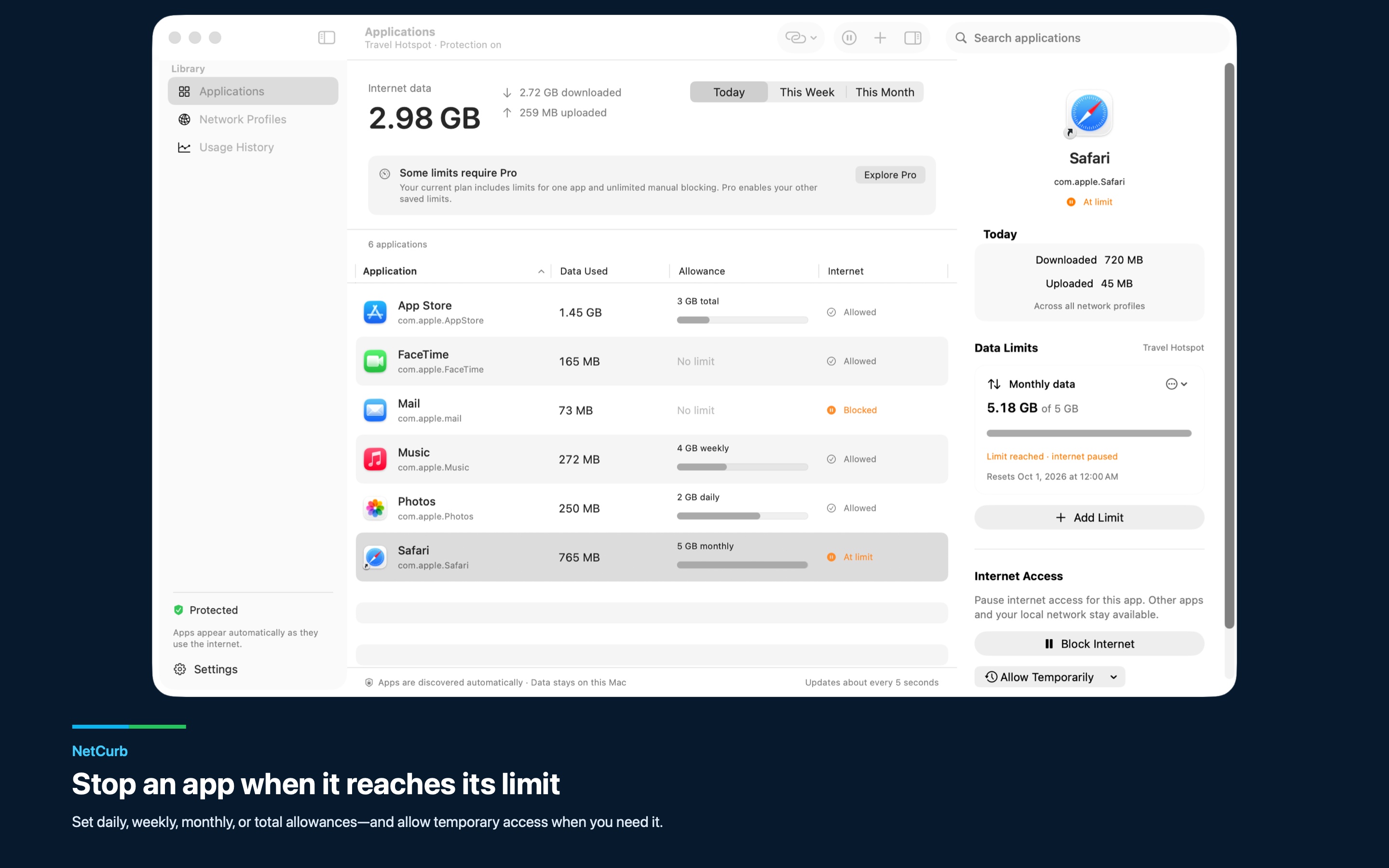 NetCurb 每個 App 的數據限額與警告設定