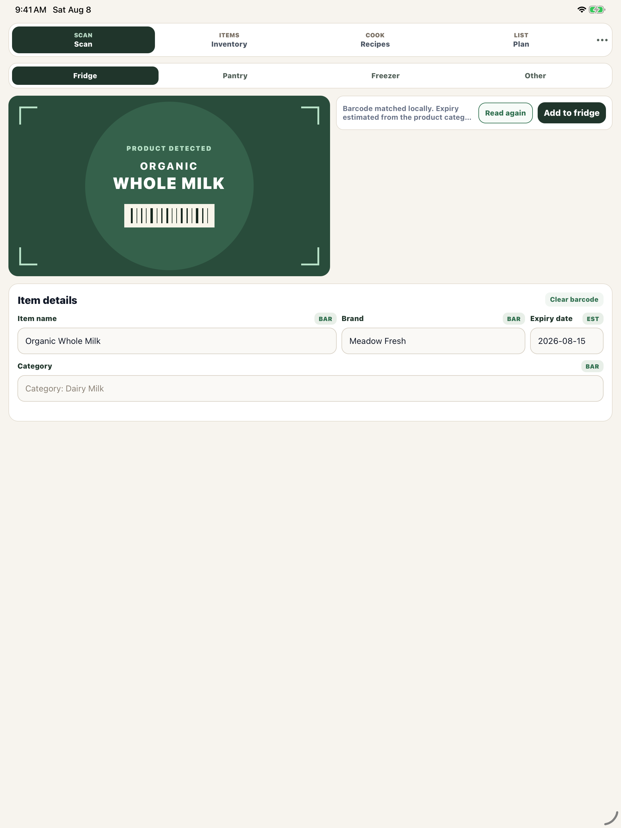 PantryIQ offline barcode scanning and item details on iPad