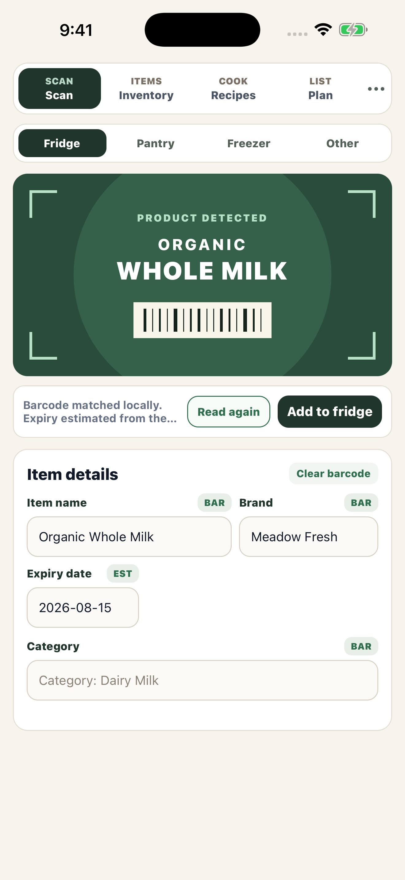 PantryIQ identifying a grocery product with offline barcode lookup on iPhone