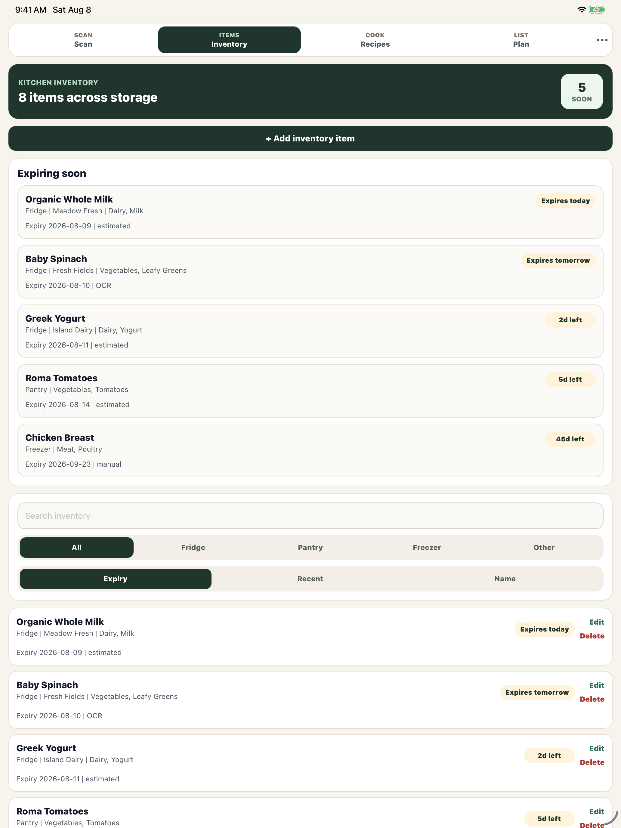 PantryIQ kitchen inventory and expiring-soon view on iPad