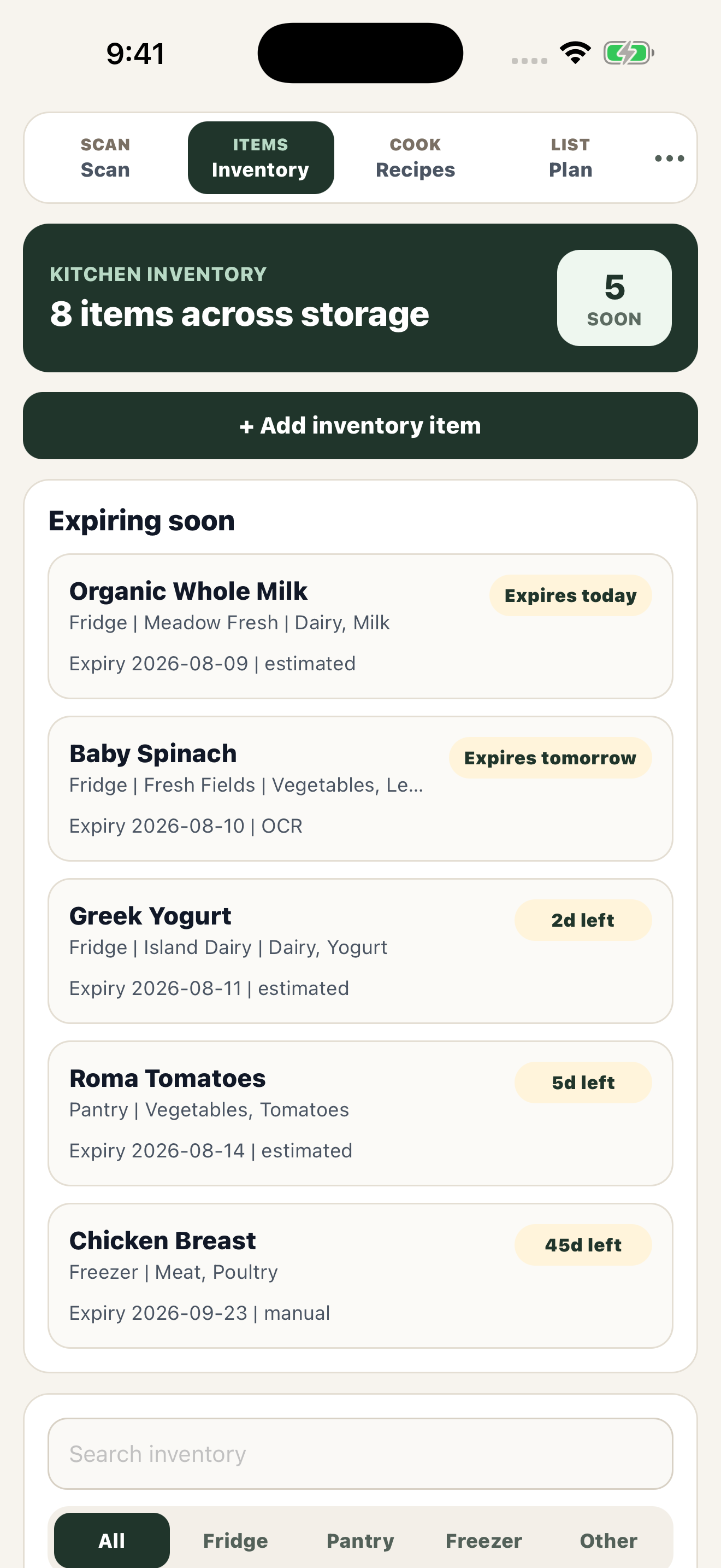 PantryIQ expiry-aware kitchen inventory on iPhone