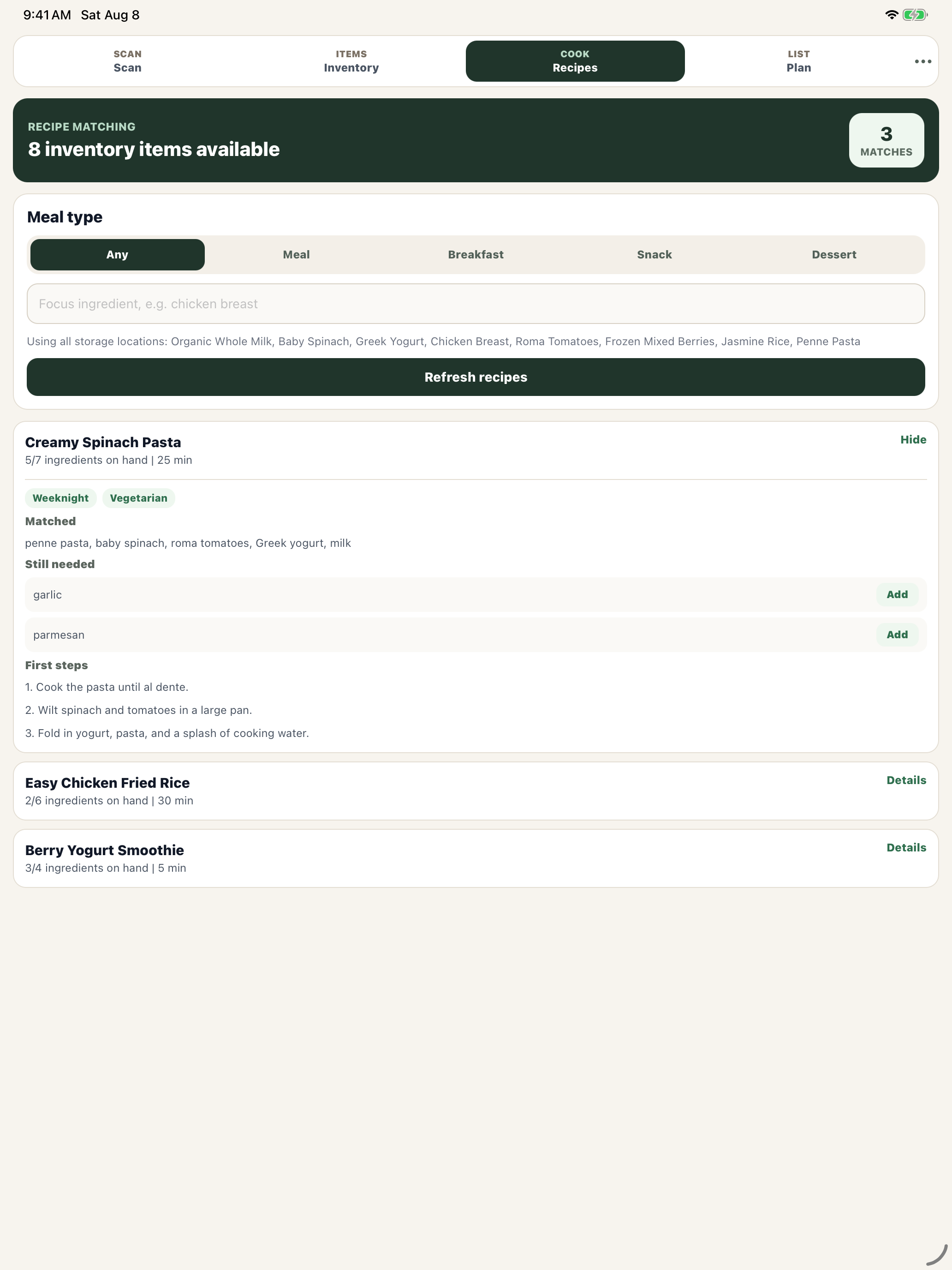 PantryIQ on-device recipe matching on iPad