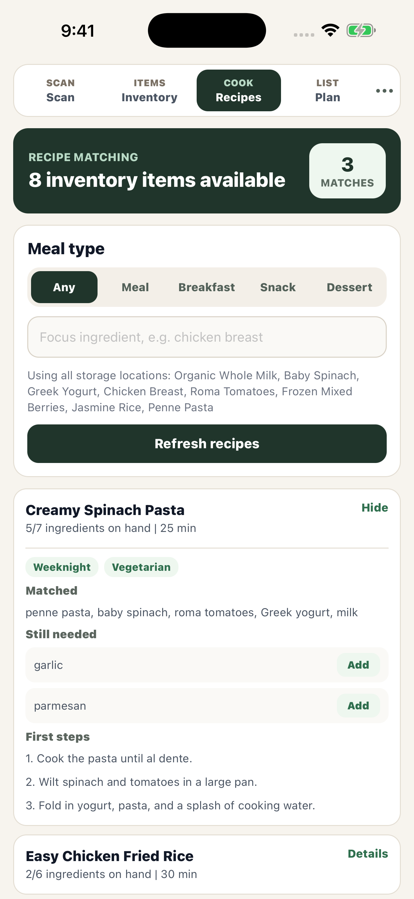 PantryIQ matching offline recipes against available ingredients on iPhone