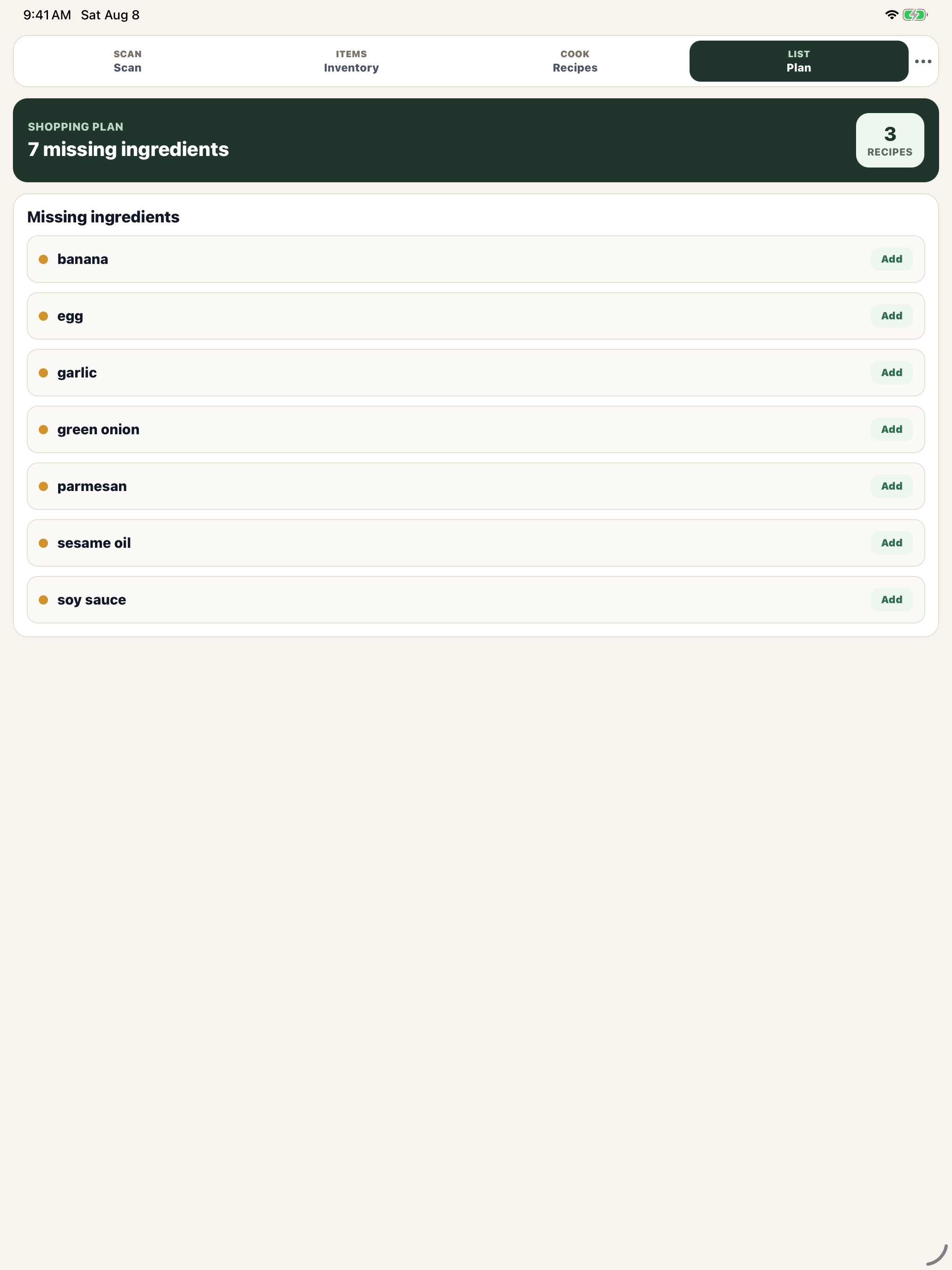 PantryIQ missing-ingredient shopping plan on iPad