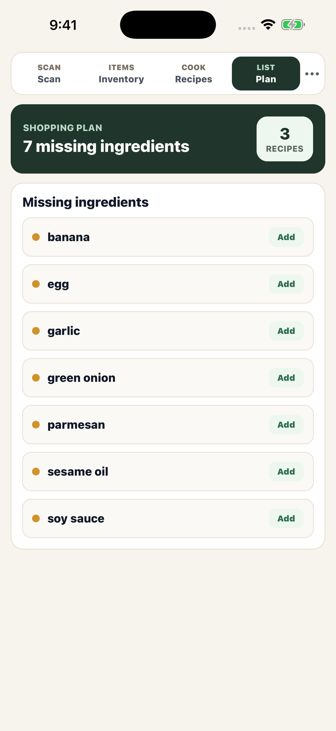 PantryIQ focused missing-ingredient shopping plan on iPhone