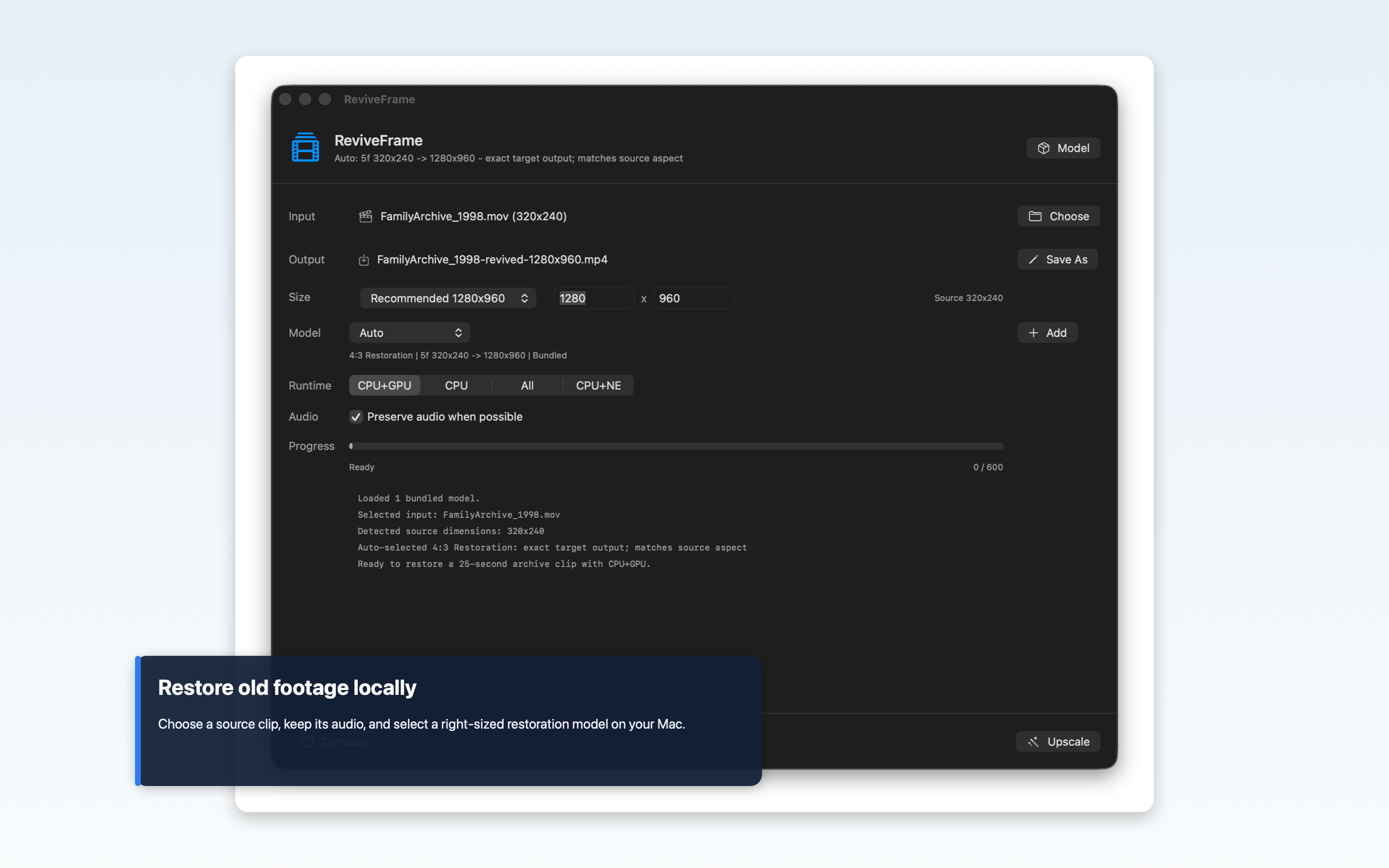 ReviveFrame main window ready to import and restore a video