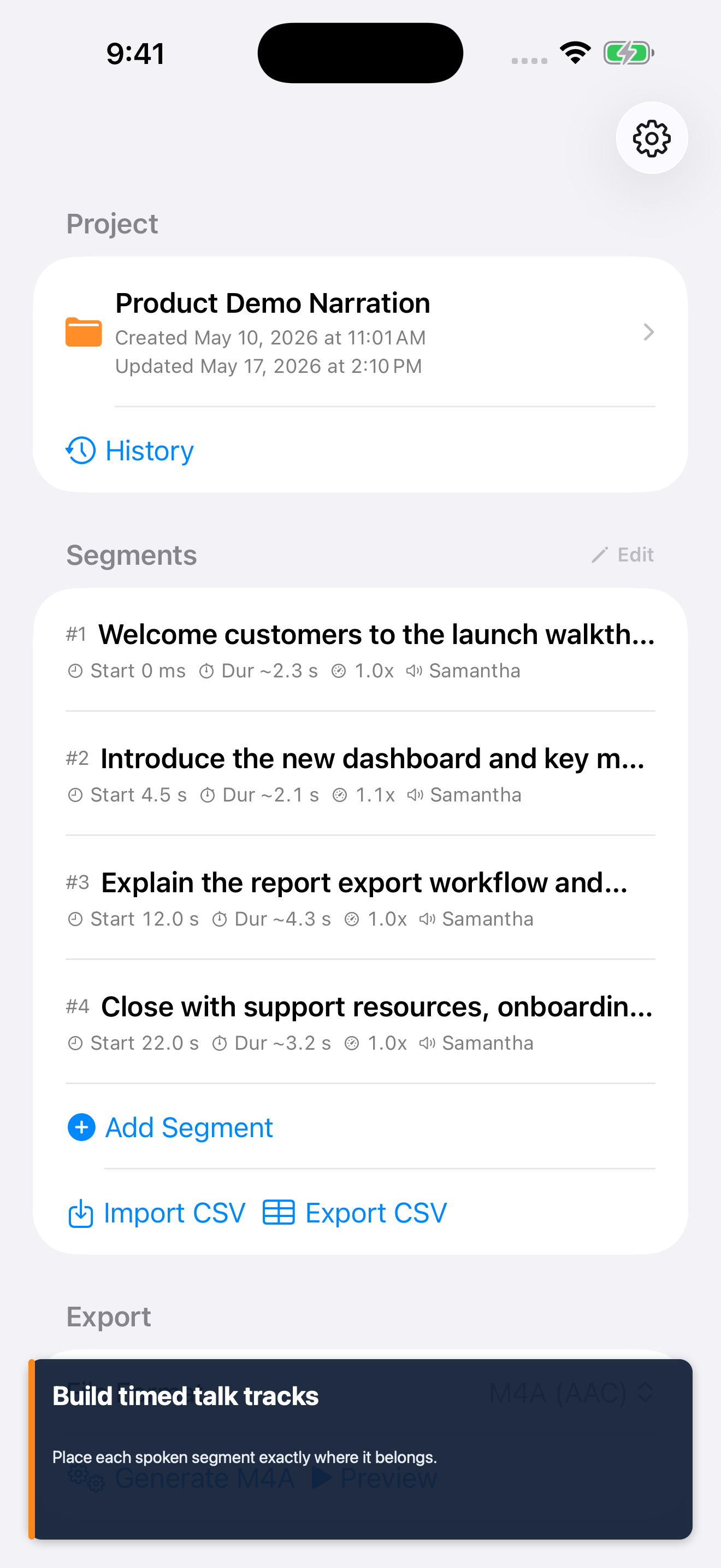 Speech Track timeline builder screenshot