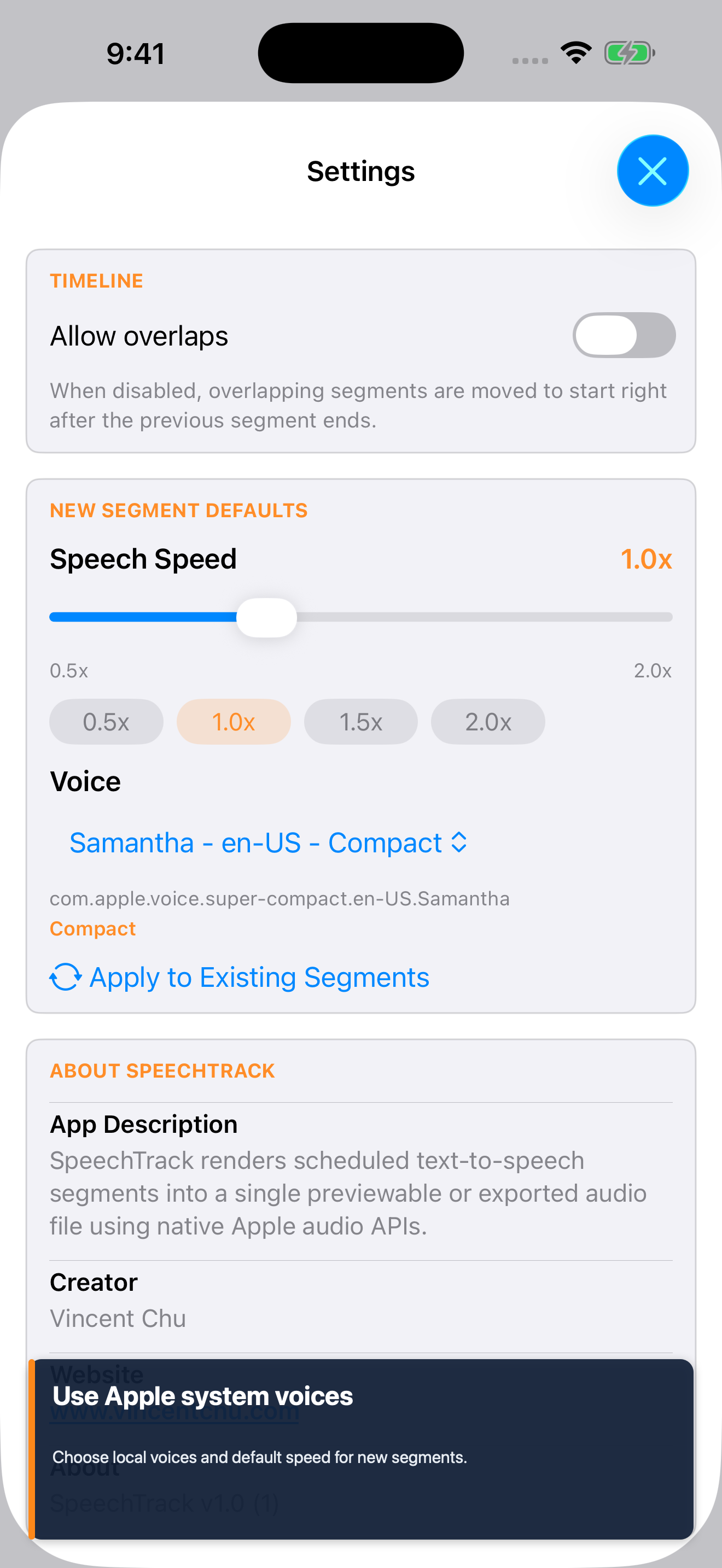 Speech Track voice settings screenshot