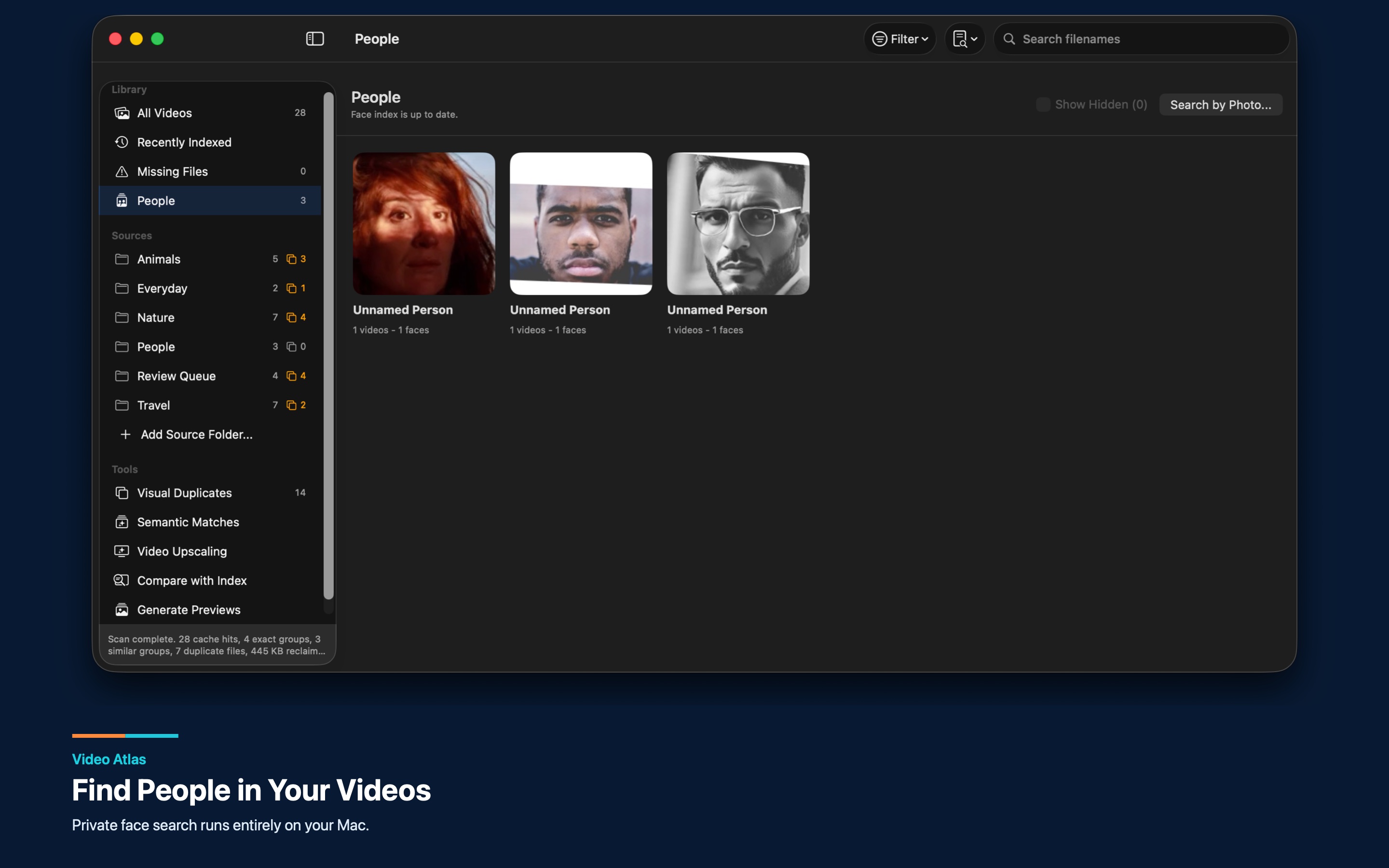 Video Atlas People view grouping recurring faces in a private on-device video library